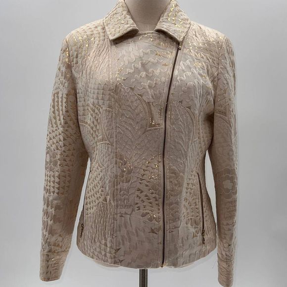 Chico's Cream/Gold Metallic Textured Lined Biker Jacket- 1(M) - Picture 1 of 13